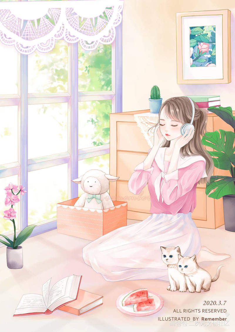 听音乐_原创日系平涂厚涂插画少女清新音乐绘画作品