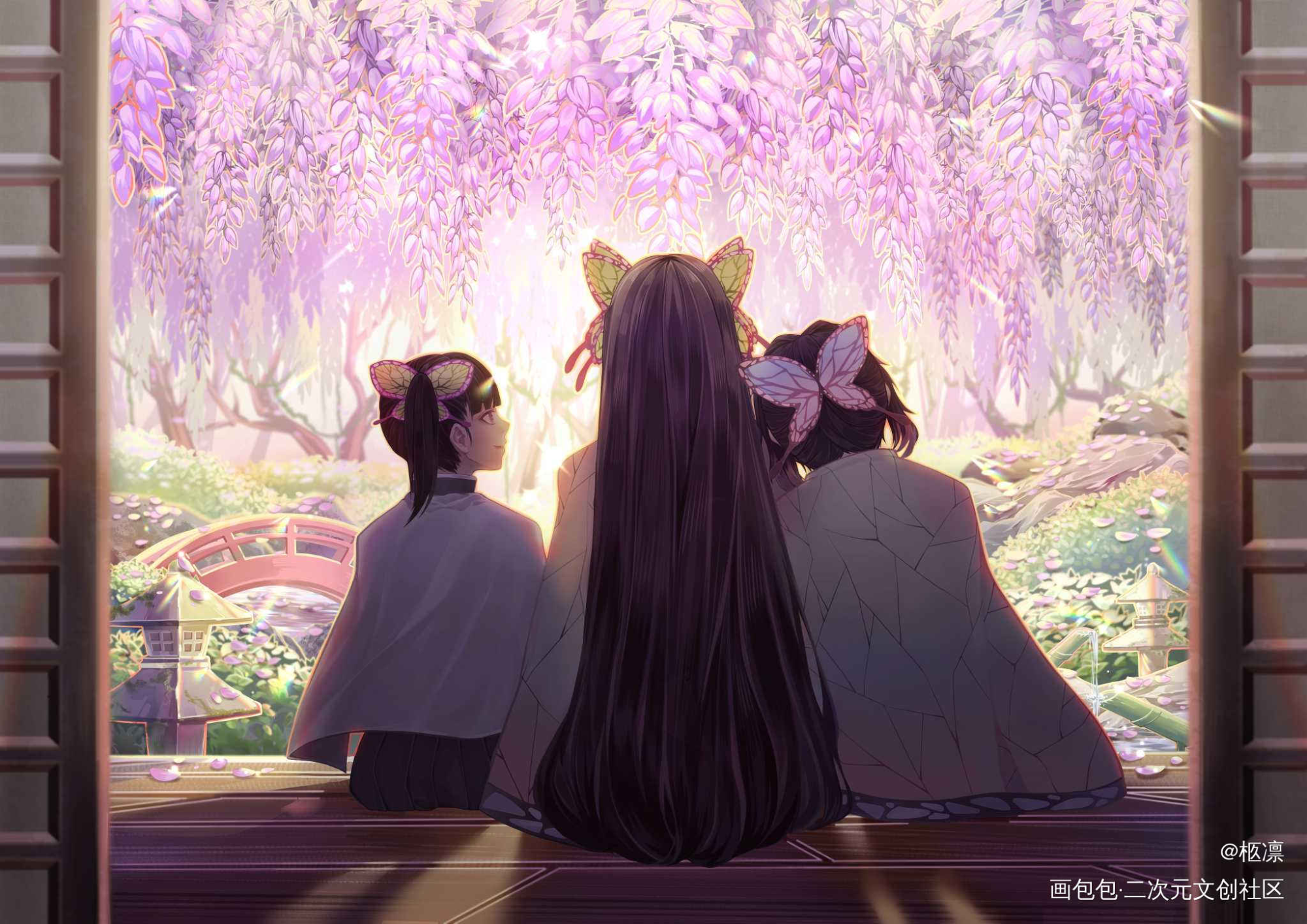 三人一起看紫藤花盛开