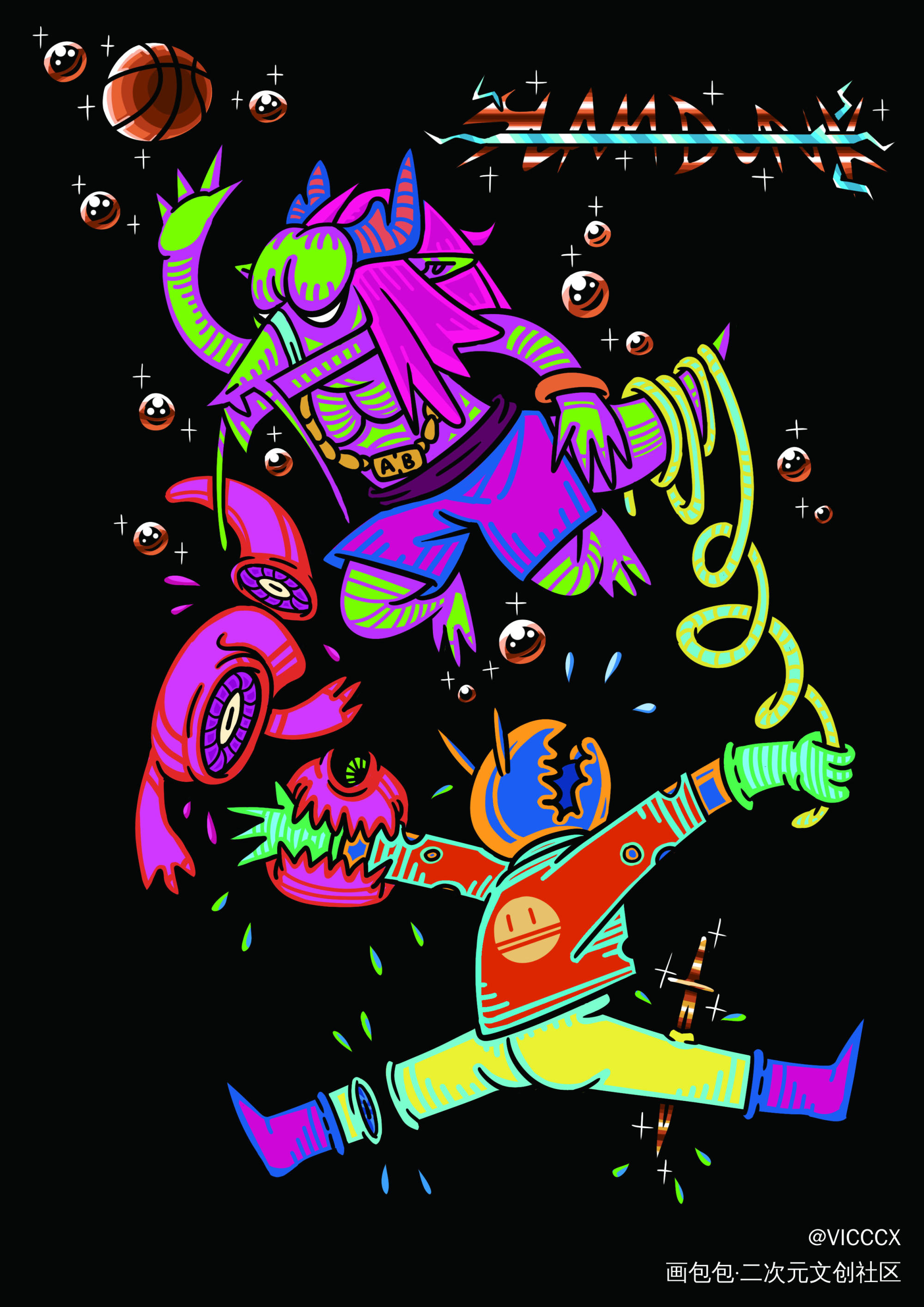 撞色瞎画_原创美式海报风美式卡通插画绘画作品